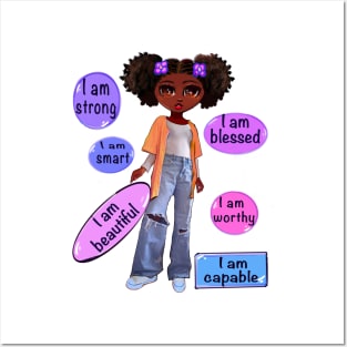 Positive affirmations motivational inspirational message sayings words black girl anime African American melanin queen affirmation Posters and Art